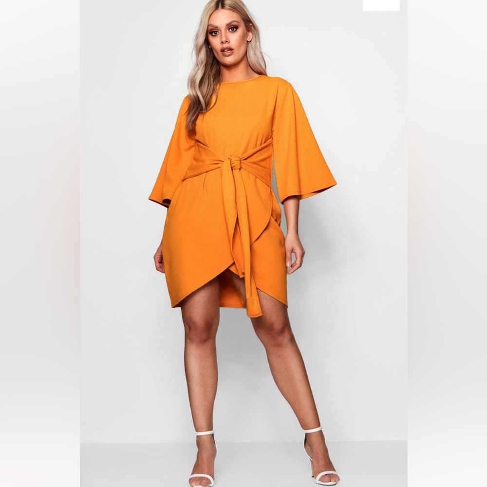 Boohoo Kimono Sleeve Tie Waist Wrap Dress MUSTARD (US size 16)